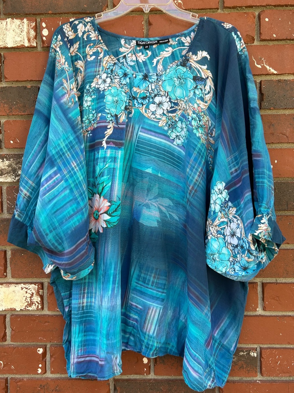 Tolani Collection Boho Floral Blouse Teal Printed 2X Women’s Summer Chic